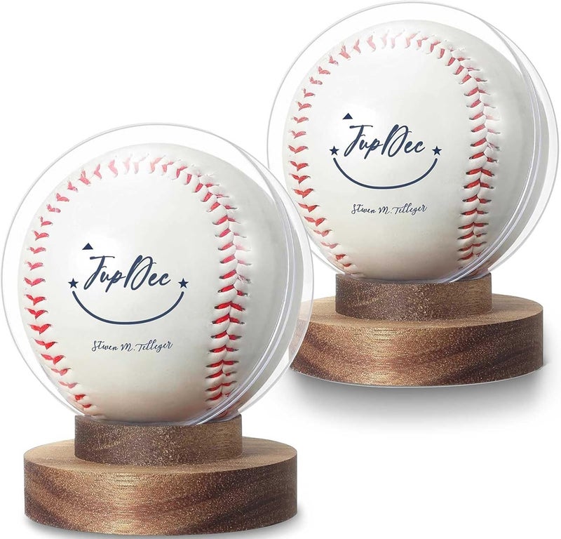 JupDec Baseball Display Case, Round Clear Ball Holder with Wooden Base, Autograph Baseball Stand Box for Single Ball, Acacia Wood, Brown, 2 Pack - Image 1